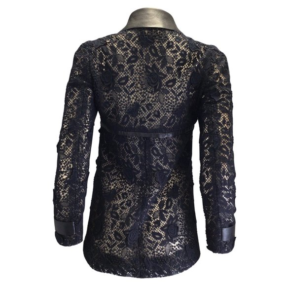 VALENTINO NAVY BLUE DOUBLE BREASTED LACE AND LEATHER JACKET - Picture 3 of 4